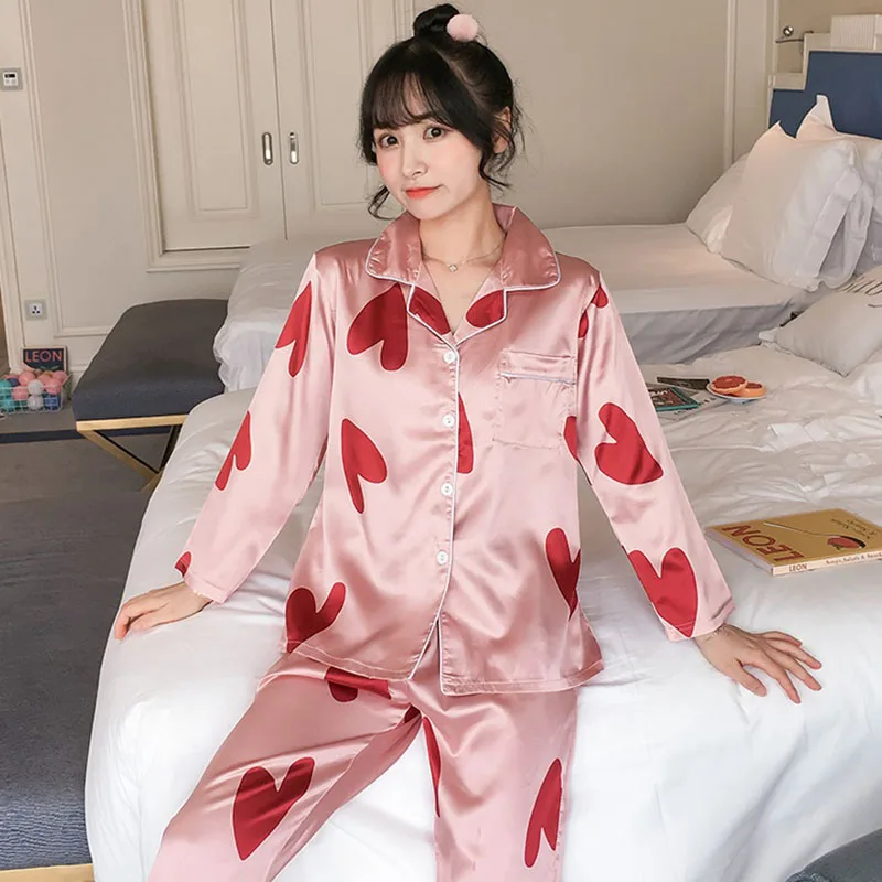 Модная женская одежда для сна из искусственного шелка весенне-осенний комплект с