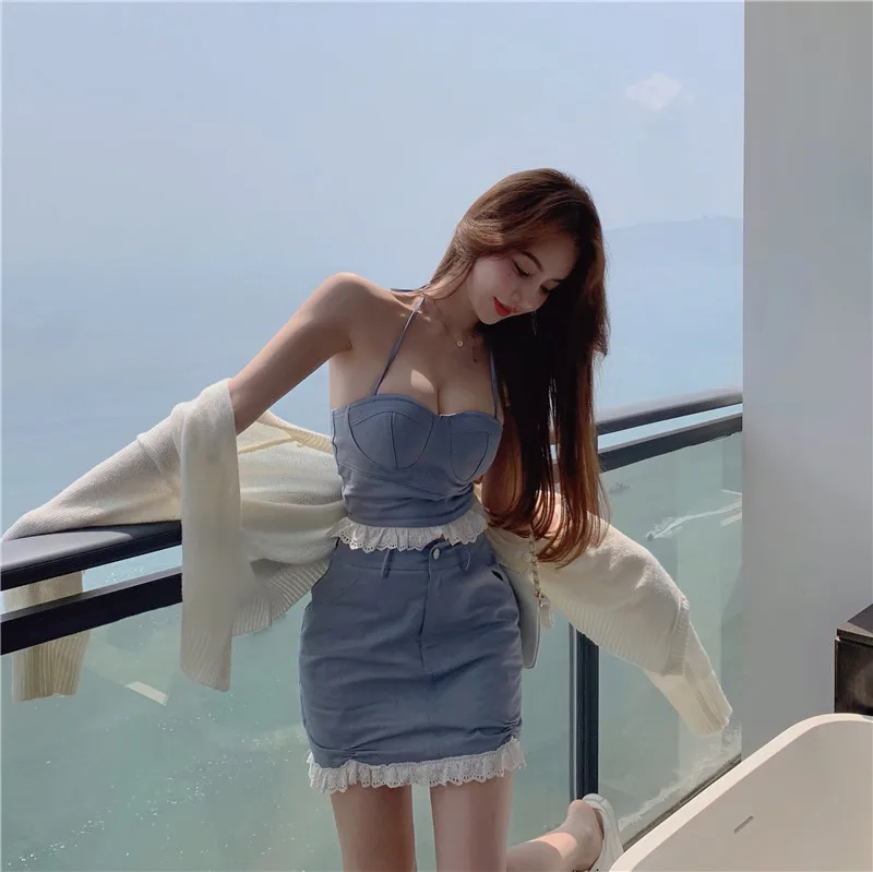 

Summer retro lace halter crop tops sexy spaghetti strap tanke top + sexy tight skirt solid color 2021 new fashion suit hot