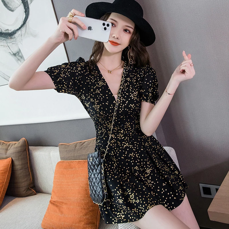 

New Arrival Fashion Summer Mini Dress Women Casual High Street Short Sleeve V-neck Bronzing Black Chiffon High Waist Beach Dress