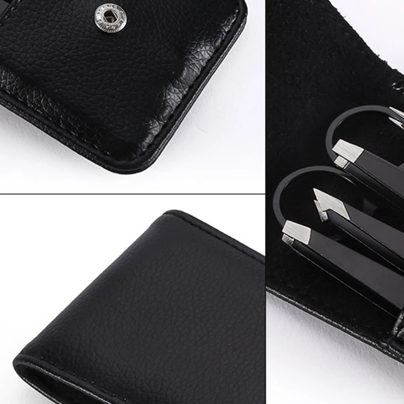

J78D 6pcs Professional Eyebrow Tweezers Scissors Hair Beauty Slanted Stainless Steel Tweezer with Leather Case Kit for Women Men