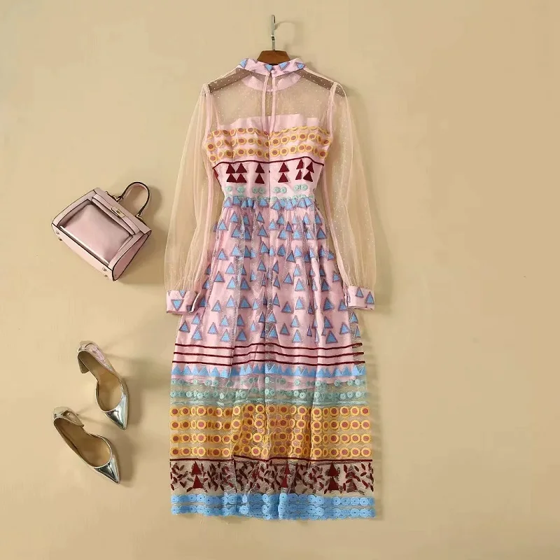 

Long Sleeve Dress 2020 Spring Beautiful Dress for Women Stand Neck Sexy Sheer Mesh Patchwork Mid-Calf Geometric Embroidery Dress
