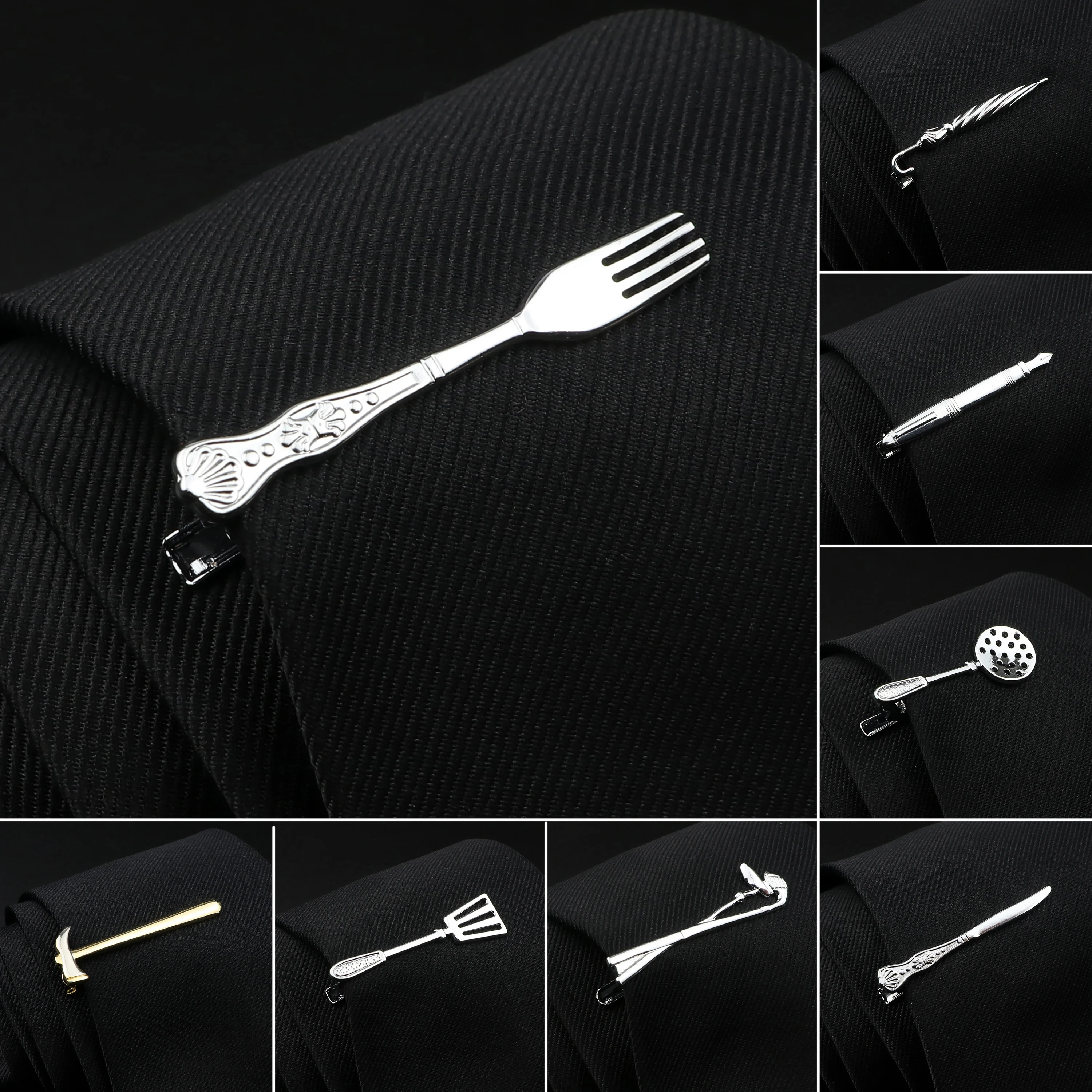 

Men's Chrome Stainless Tie Clip Fork Spoon Shovel Knife Hammer Arrow Dolphin Shape Metal Tie Clip for Men Necktie Clips Pin Gift