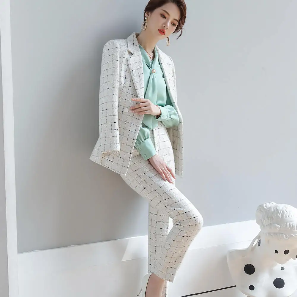 Женский костюм с клетчатыми брюками зимний модный женский твидовый пиджак