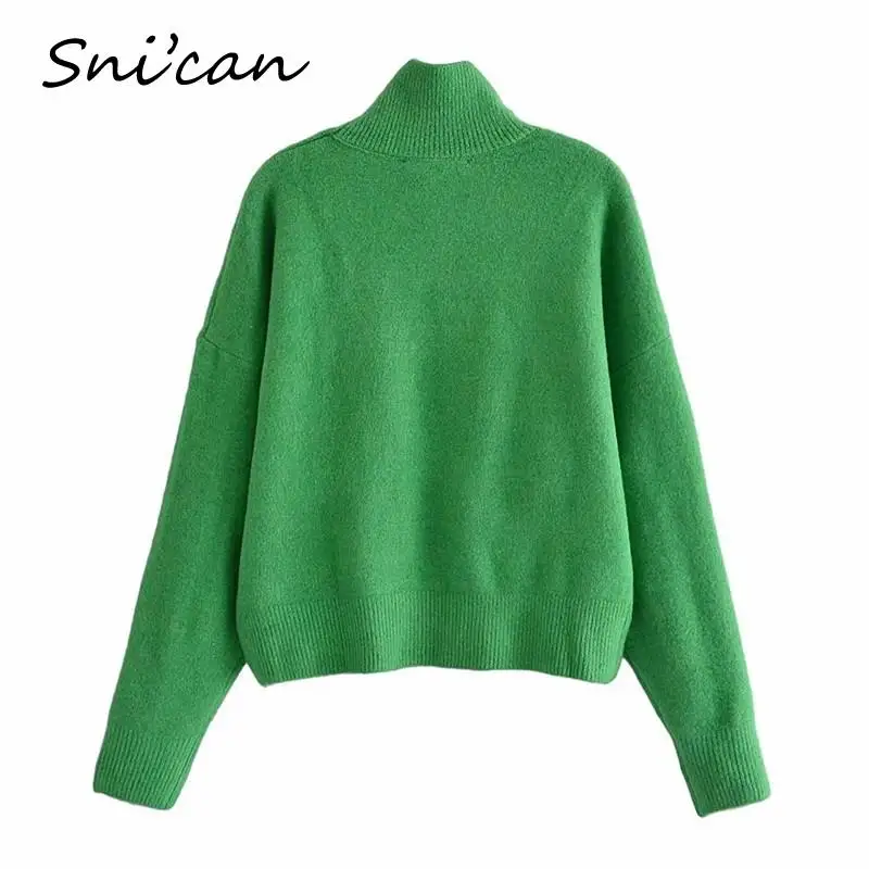 Женский трикотажный свитер Za зеленый однотонный Свободный пуловер с высоким