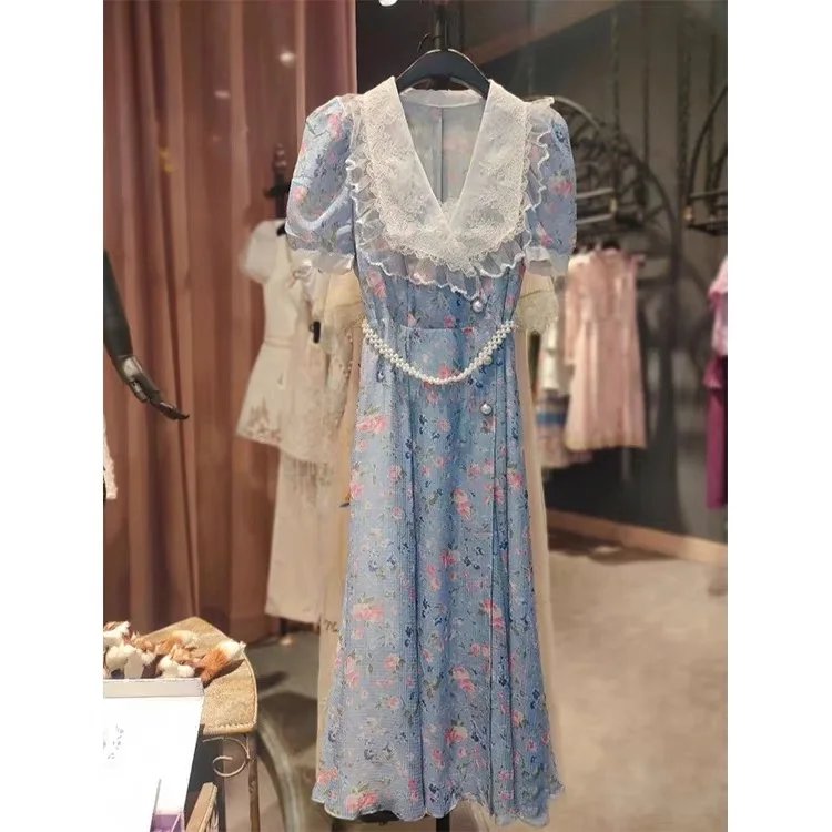 

CHICLADY floral midi dress designer beading belt short sleeve summer blue prairie chic patchwork lace Peter Pan Collar Sweet new