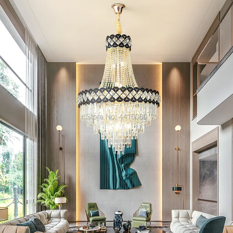 売る 高級ヴィラ大シャンデリアライトの高級クリスタルランプ建物ミドル床スパイラル階段ロングシャンデリアデュプレックス建物