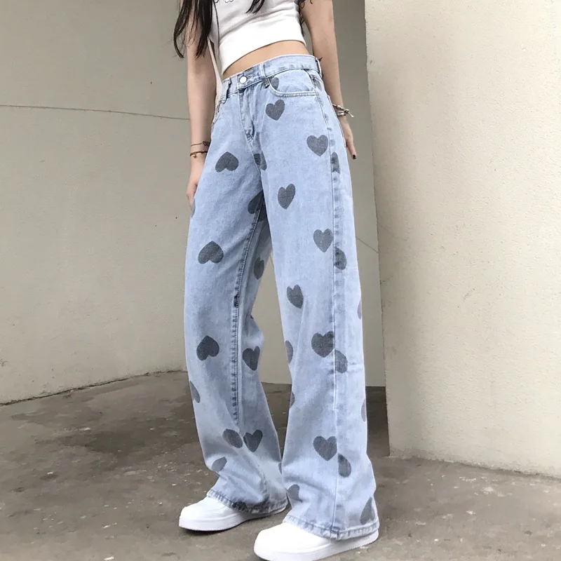 

Plus Size Jeans Women Printing Love Cool Girls Design Casual All-match Pockets High Waist Straight Fashion Ulzzang Chic Trouser