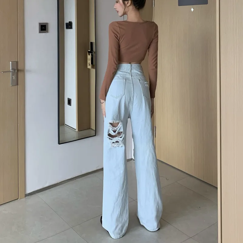 

Women Casual Long Blue Jeans High-rise Ripped Straight-leg Wide-leg Beggar Mopping Jeans 2021 Summer Autumn New