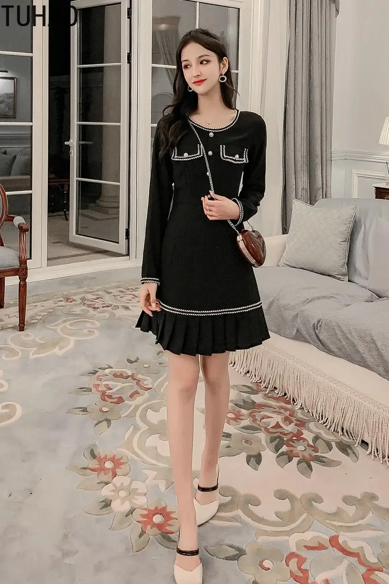

TUHAO Autumn Winter Black Party Women's Long-sleeved Fashion Dress Office Lady Woman Elegant Dresses Pleated Dress WM45