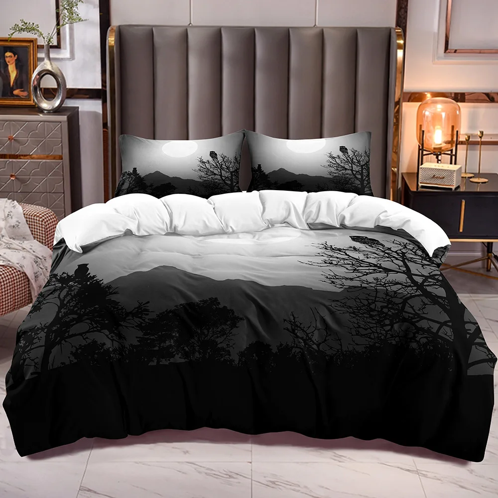 

Duvet Cover Black Evening Owls Print Halloween Theme Moon Birds Comforter Cover Zipper Closure Quilt Cover