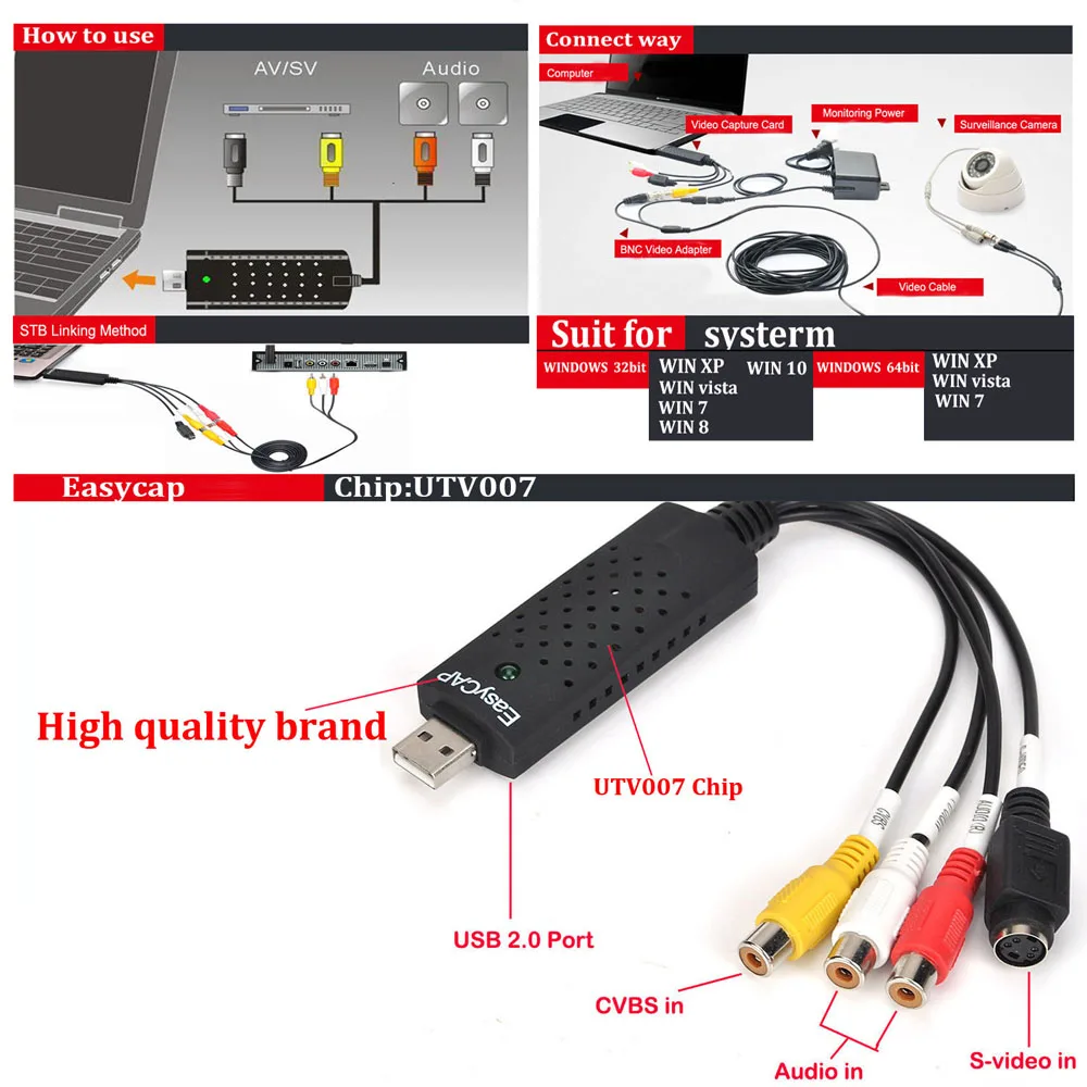 Карта адаптер захвата USB Easycap 2 0 TV Video Audio VHS на DVD HDD преобразователь карта