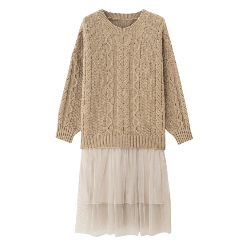 

2020 New Design Mid-length Autumn and Winter Solid O Neck Pullovers Loose Lace Patchwork Womens Sweaters