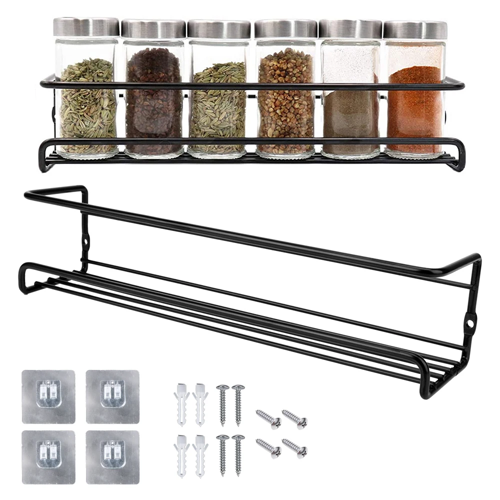 

2 Pcs Metal Hanging Racks For Home Restaurant No Drilling Wall-Mounted Single Layer Spice Jar Storage Rack Seasoning Shelf