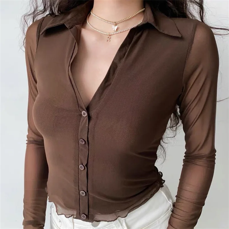 

CHRONSTYLE Y2K готические рубашки для вечерние клубная одежда 2022 сетка пэчворк прозрачный длинный рукав Глубокий V-образный вырез пуговицы притал...