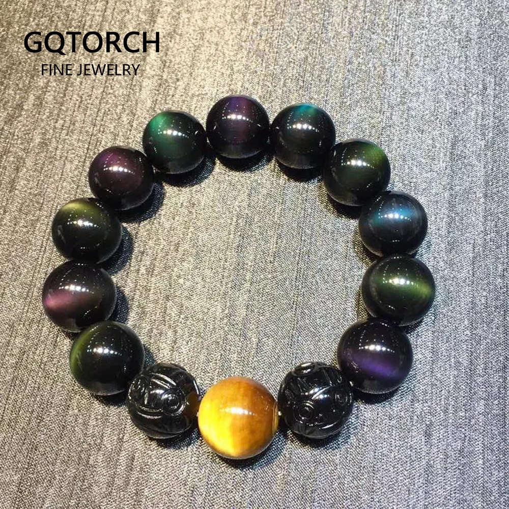 Браслеты из натурального черного радужного обсидиана двойные женские и мужские