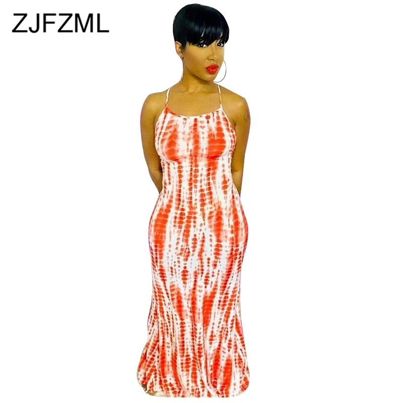

Tie Dyeing Print Summer Beach Maxi Dress Women Spaghetti Strap Sleeveless Bandage Dress Sexy Lace Up Backless Holiday Dresses