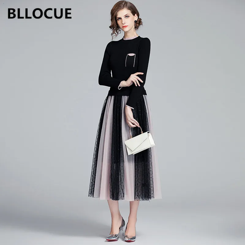 

BLLOCUE Fashion Women Pleated Knitting Casual Dresses 2020 Spring Autumn Elegant Women's Dot Mesh patchwork Slim Dress