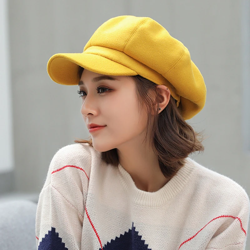 Модный шерстяной однотонный берет для женщин осенне-зимняя восьмиугольная кепка