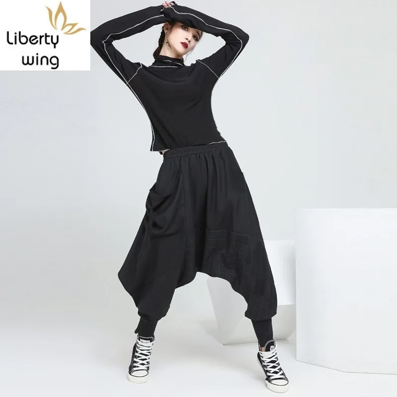 Черные Мешковатые шаровары в стиле Харадзюку модные женские спортивные брюки