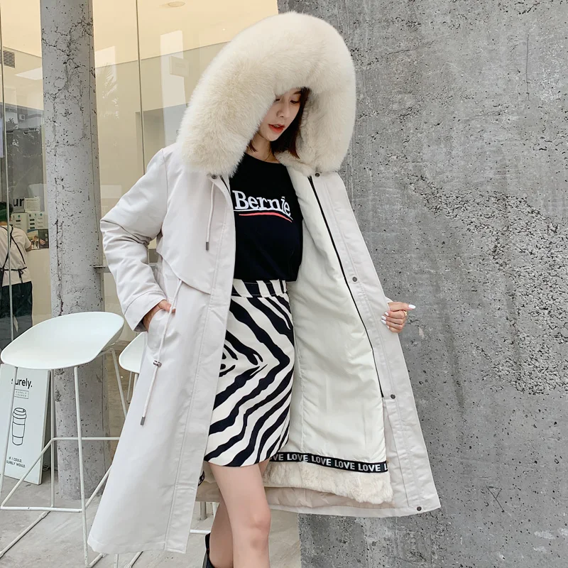 RosEvans Woman Parkas Real Fur Jacket with Fox Fur Collar Hood Coat Detachable Rex Rabbit Fur Liner Streetwear Female New Winter