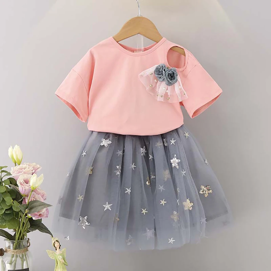 

2021 New Summer Kids Girls Clothes Set Lace Bow Short T-shirt +Squin Ball Gown Dress 2pcs Clothing Sets 2-8Y