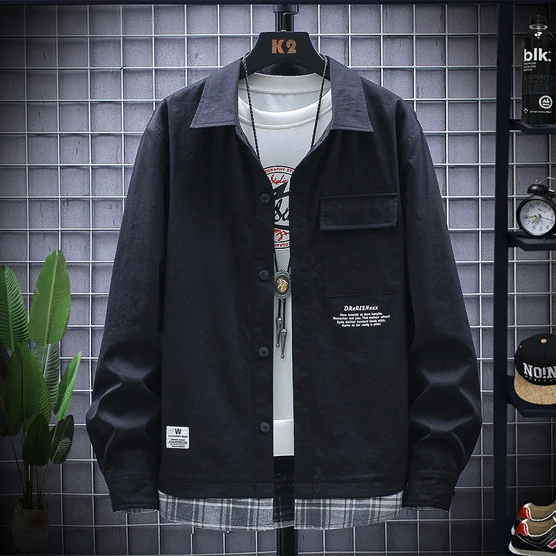 

Age season tooling men long sleeve shirt loose han edition shirt printing shirt, coat pocket letters