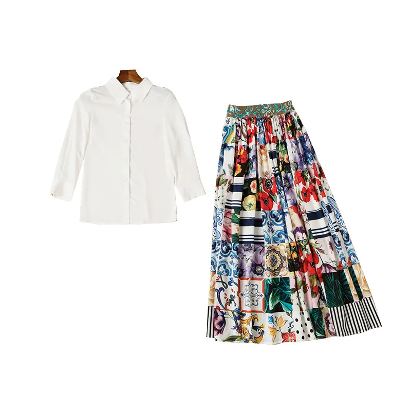 

Cross-border spring 2021 new women's wear white long sleeve shirt + puzzles posed skirt suits printed a female