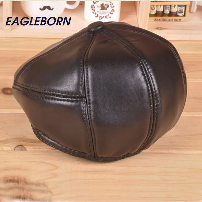 2021 модный кожаный берет мужские теплые шапки зимние для пожилых людей с ушами