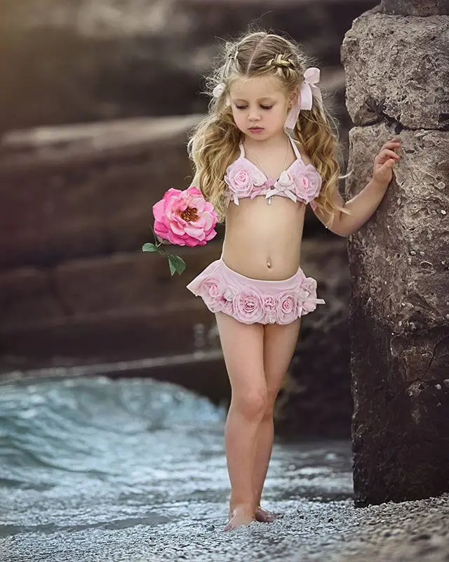 Детские бикини для девочек с розовыми цветами жемчужинами малышей купальный