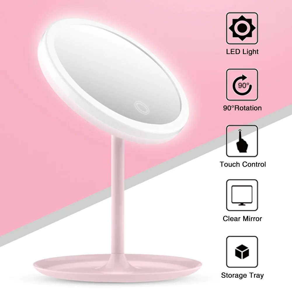 

LED Makeup Mirror Women Makeup Lamp With Storage Desktop Rotating Mirror Stepless Dimmable Cosmetic Mirrors
