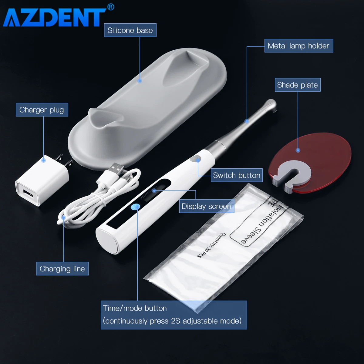 AZDENT Dental LED Curing Light Lamp 1 Second Cure 2mm Resin 1200-1400mw/cm² Cordless Metal Head 3 Models Adjustable