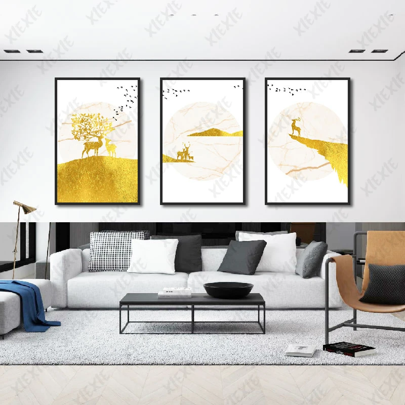 

Golden Abstract Canvas Painting Wall Art Print with Animal Deer and a Flock of Flying Birds Nordic Poster for Home Decoration