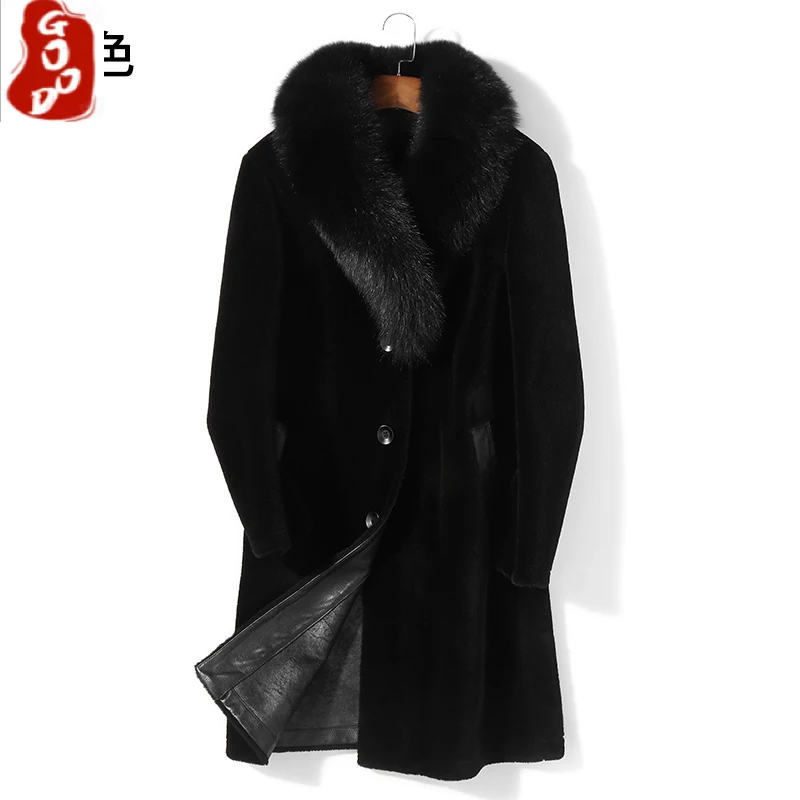 

Natural Real Fur Coat Men Clothes 2021 Winter Sheep Shearling Coat Large Fox Fur Collar Thick Warm Overcoat Hiver PM8516Z