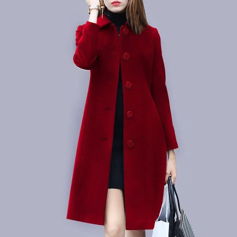 

2021 Ladies Wool Coat New Autumn Winter Mid-Length Single-Breasted Slim Blended Woolen Overcoat Red Blue Black Women Jacket
