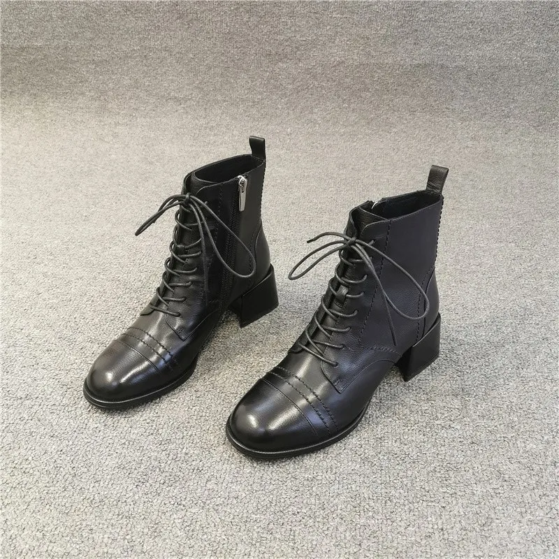 Online Fashion Pergelangan Kaki Wanita Renda Bulat Toe Blok Tumit Kulit Sepeda Motor Sepeda Sepatu Kasual Wanita Musim Dingin Bulu Lapisan Sepatu