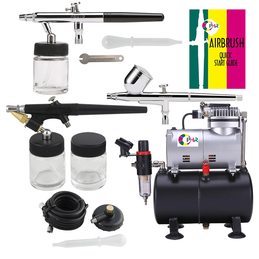 OPHIR 3-Airbrushes Dual Action & Single Action Air Brush Compressor Kit with Tank for Hobby Tattoo Makeup Car AC090+004A+071+072