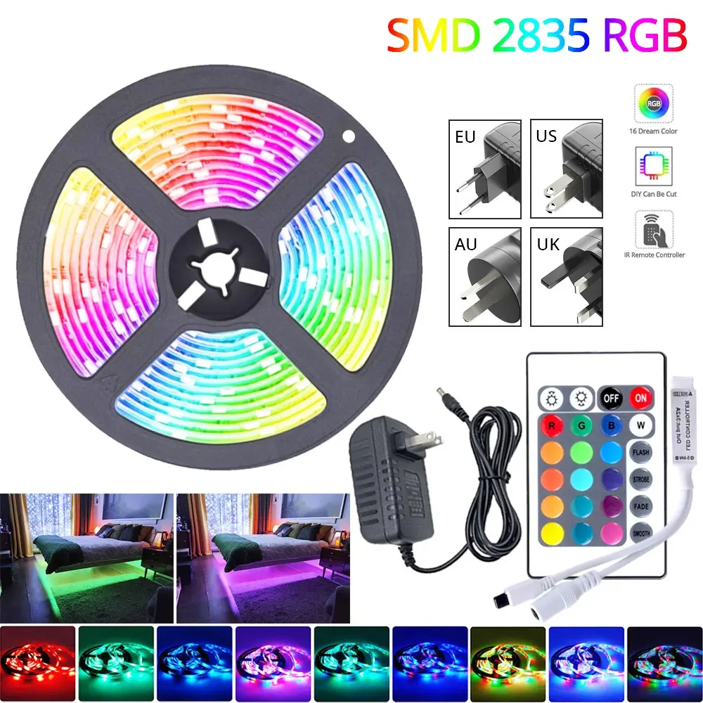 

5M-20M SMD 2835 54D/M RGB Led Strip Flexible DC 12V Waterproof LED Light Tape Whit 24 Key Infrared Controller and Power Adapte