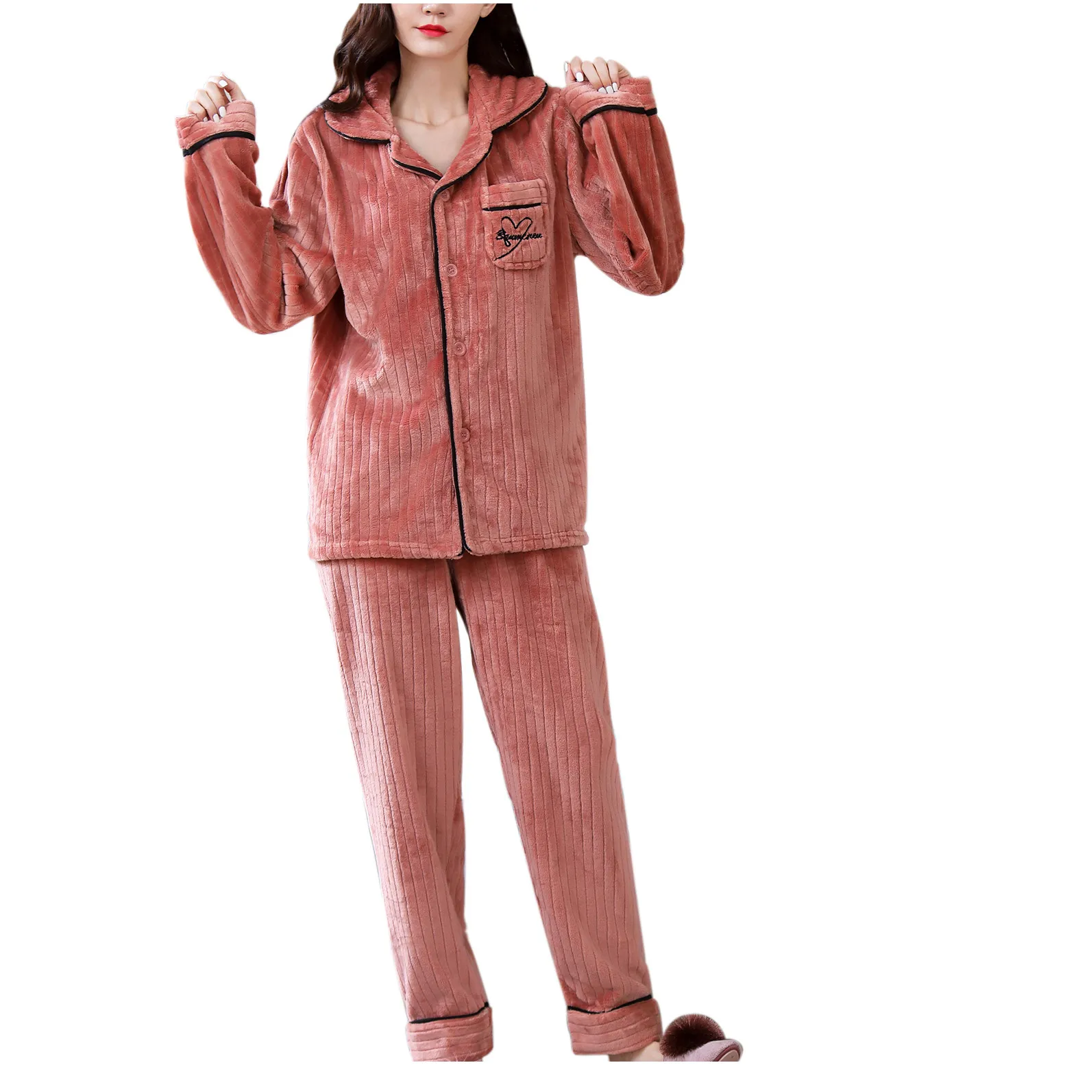 

pyjama pour femme Ladies Fashion Flannel Solid Print Pocket Long Sleeve+ Long Pants Pajama Suit