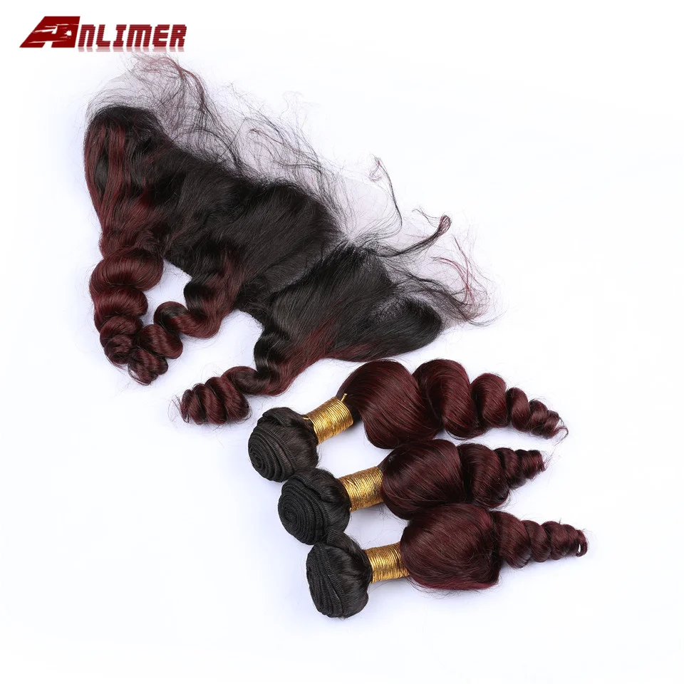 Anlimer 1B/99J Burgundy Bundles with Frontal 13*4 Peruvian Wave Human Hair Ombre 99J Non-Remy | Шиньоны и парики