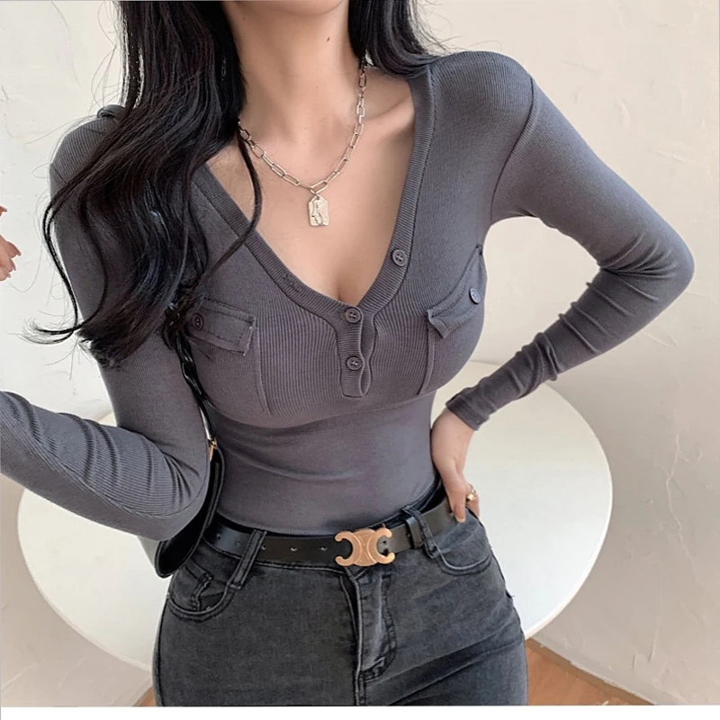 

Zoki Spring women's long-sleeved T-shirt V-neck sexy slim slimming bottoming pullover top