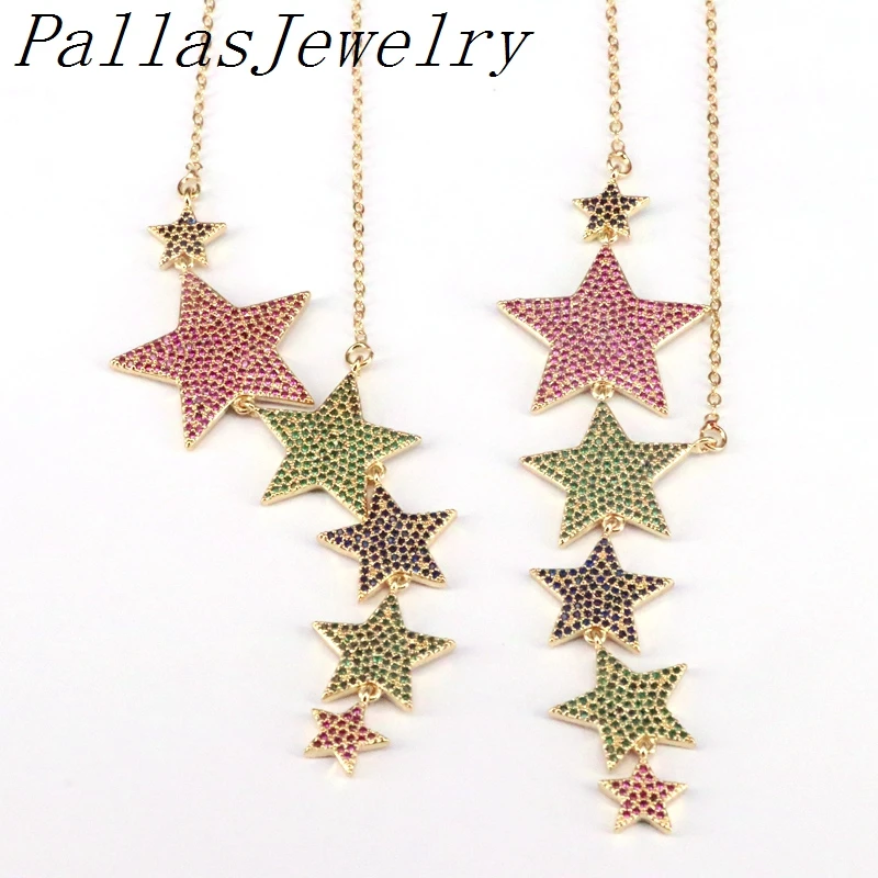 

3Pcs Rainbow CZ Pave Star Connector Necklace, Star Charm, Gold Color Star Pendant Jewelry Necklace