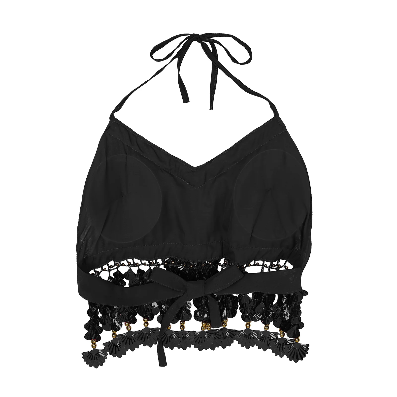 

Women Glitter Rhinestones Padded Bra Shell Tassel Fringe Belly Dance Tops Egypt Indian Latin Training Stage Performance Costume