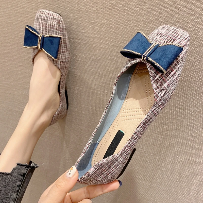 

Женские туфли на плоской подошве, весенне-осенние лоферы с квадратным носком и неглубоким бантиком, повседневные, 2021