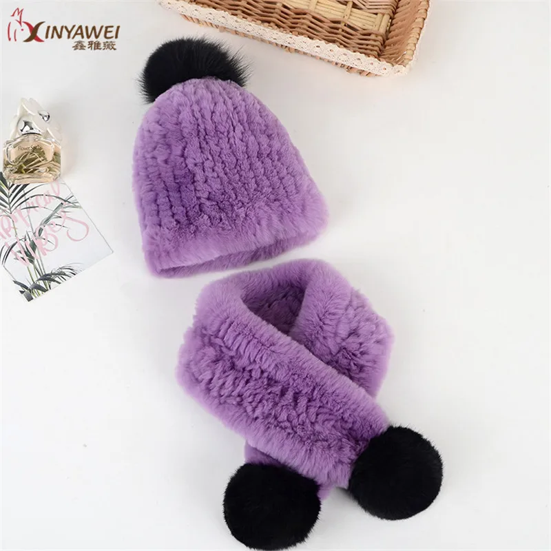 2019 Winter Autumn Children Sets Of Genuine Rex Rabbit Fur Knitted Scarf With Hat Fur Boy Pashmina Scarves Wraps.