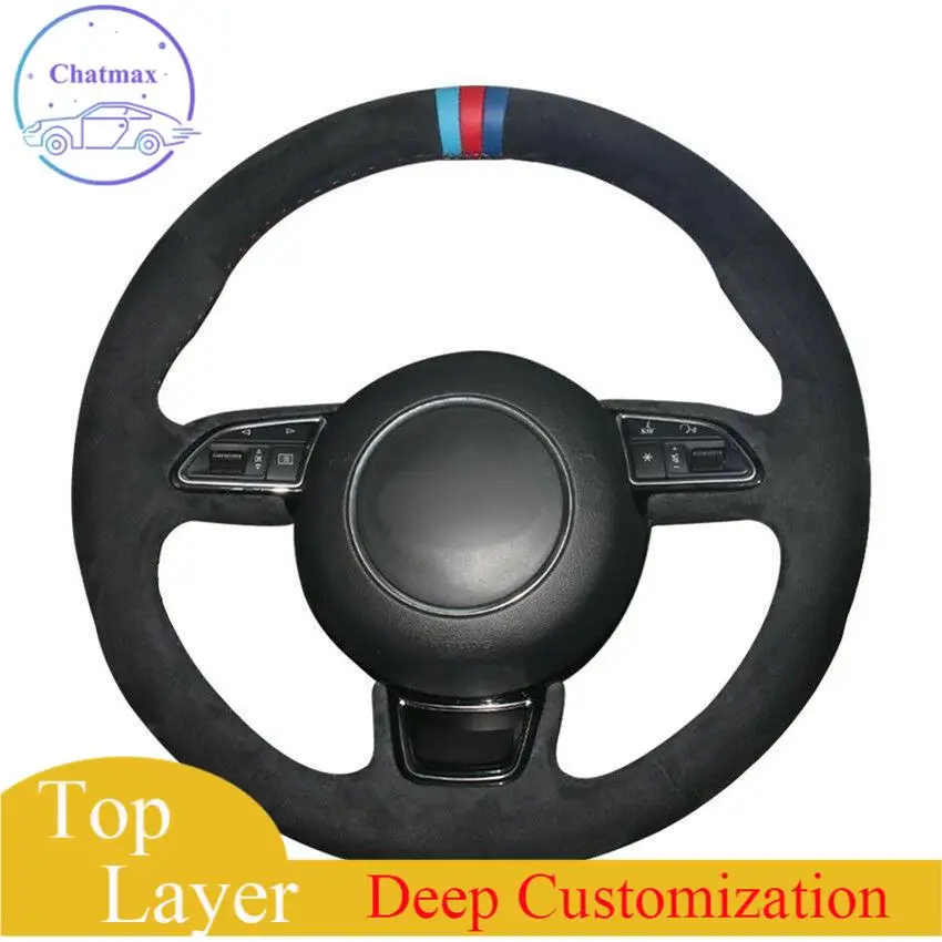 

For Audi A1 A3 A5 A7 car steering wheel cover black suede leather DIY CustomAnti-slip fit all season