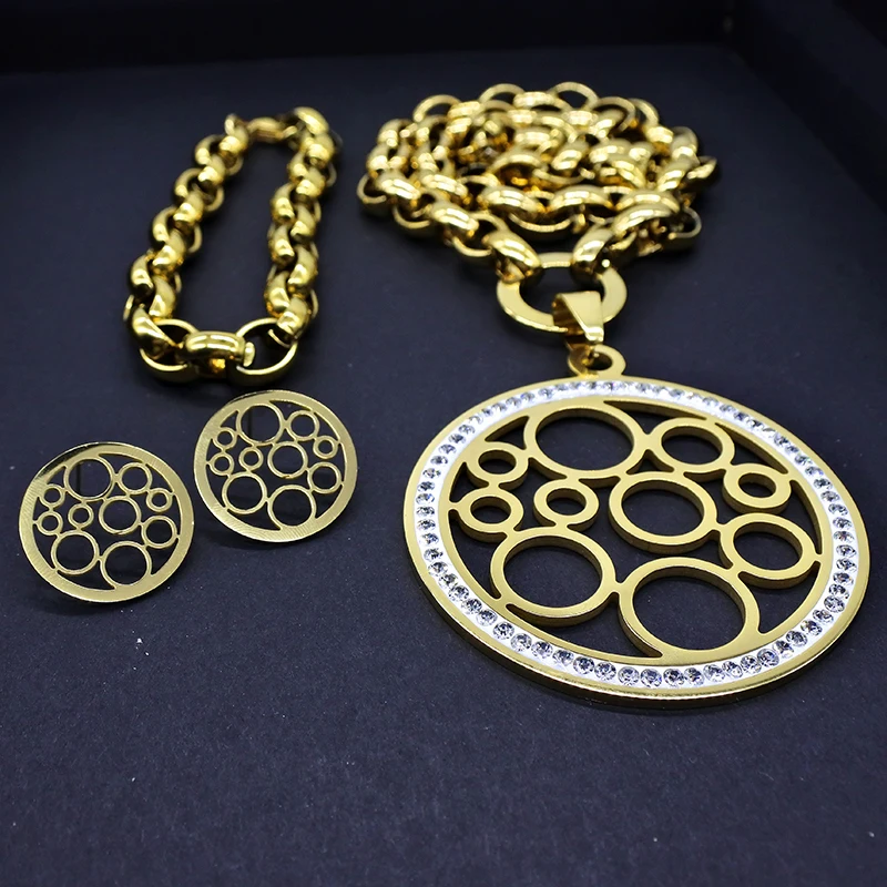 AMUMIU Колье Браслеты Серьги наборы кристаллов круглые полые из нержавеющей стали