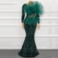 sparkly sequined dark green mermaid evening dresses with long sleeve ruffles lace glitter prom dress robe de mari%c3%a9e