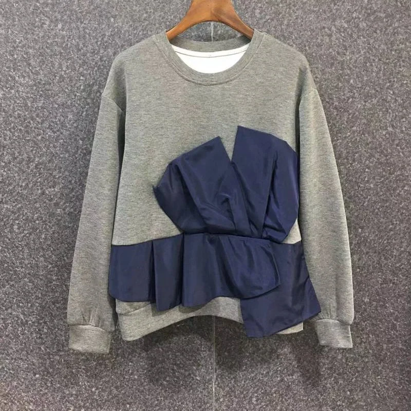 High Quality New Sweatshirts 2021 Autumn Winter Pullovers Women Pleated Ruffle Deco Long Sleeve Casual Grey Black Blue Tops