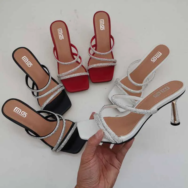 

Thin Heels Big Size High-Heeled Shoes Lady Ladies' Slippers Glitter Slides Fashion Jelly Luxury PU Crystal Fabric Rubber