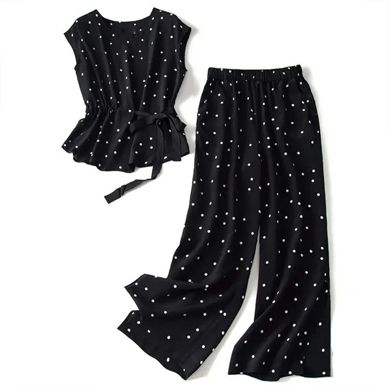 

Matching Suit Polka Dot Chiffon Trousers Two-piece Large Size 2021 Summer Korean Fashion Retro Casual Top Wide Leg Pants Suit